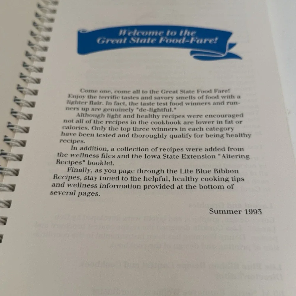 Blue Cross Blue Shield Iowa Lite Blue Ribbon Recipe Cookbook Spiral Bound 1993